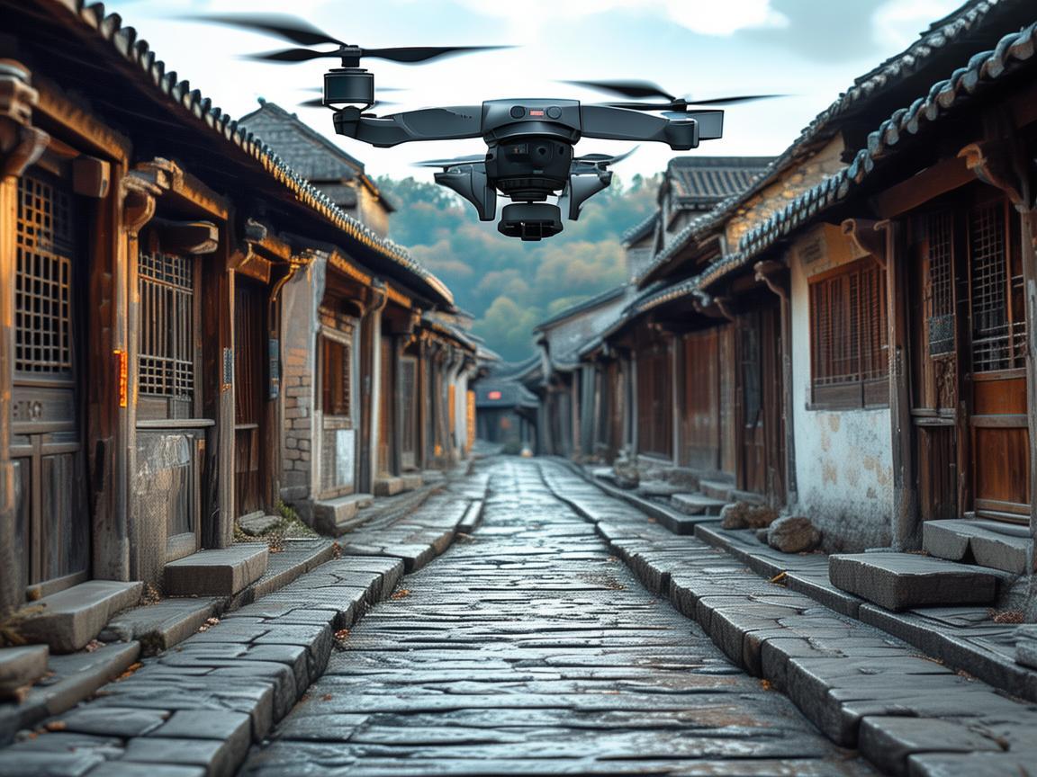 古镇街道上的无人机新视界