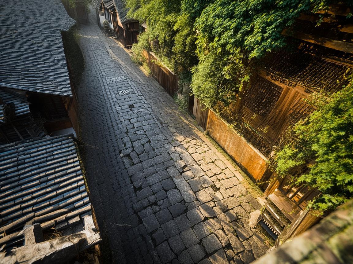 无人机视角下的古镇街石板路